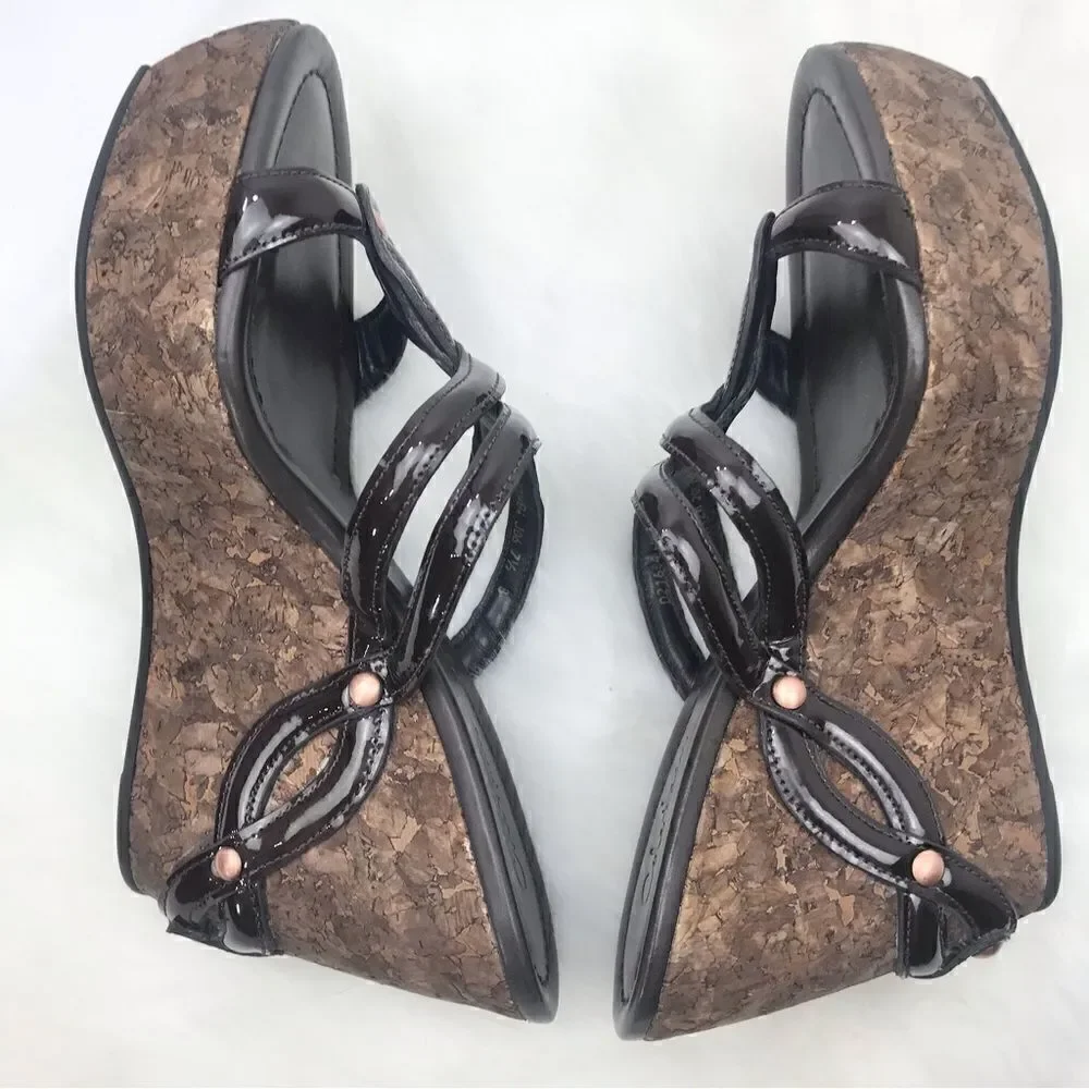 Cole Haan Brown  Medallion Keyhole Strappy Chunky Cork Wedge Retro Sandals